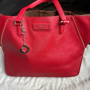 DKNY Red Epi Leather Convertible Tote handbag hexagon shape flexible